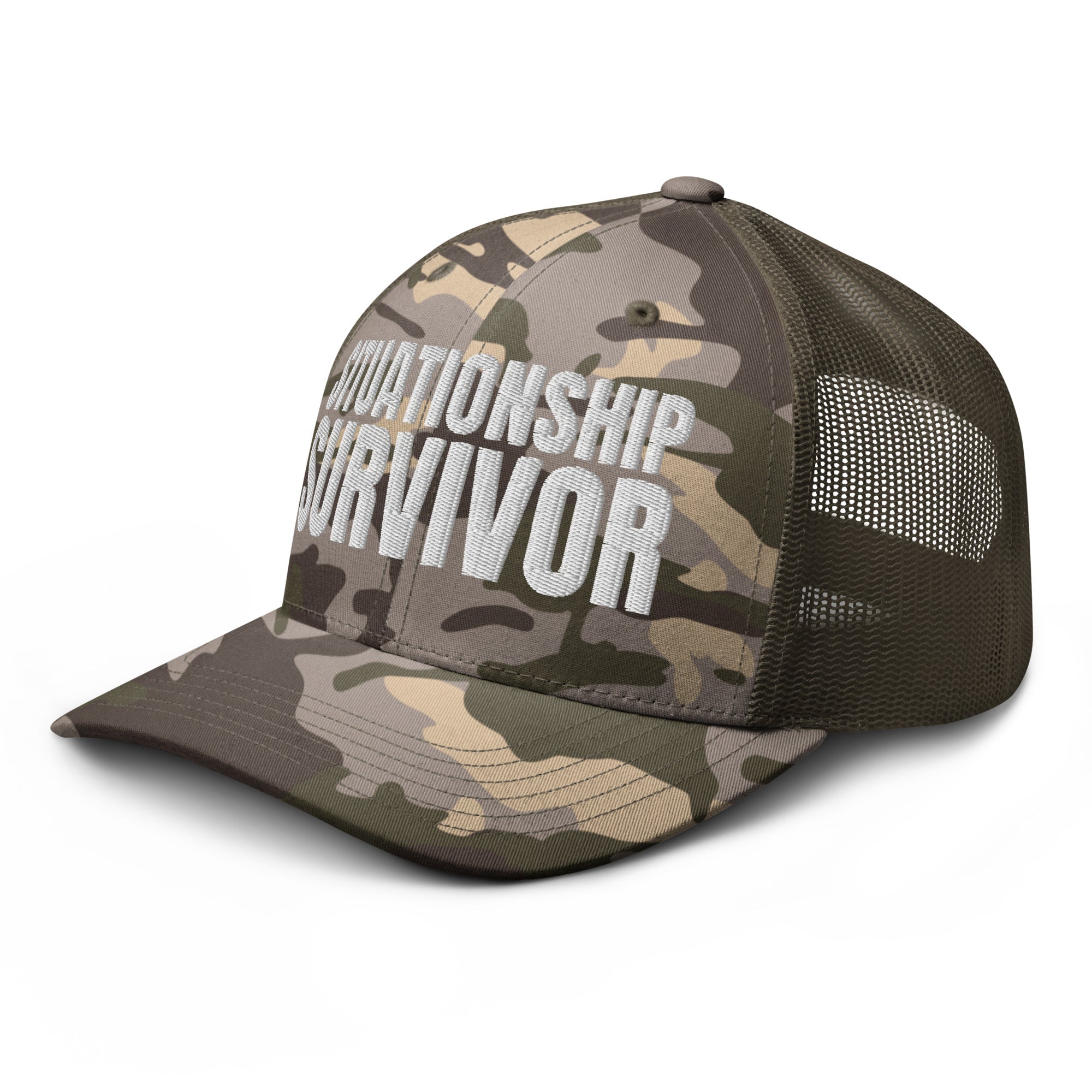 Situationship Survivor Embroidered Camo Trucker Hat
